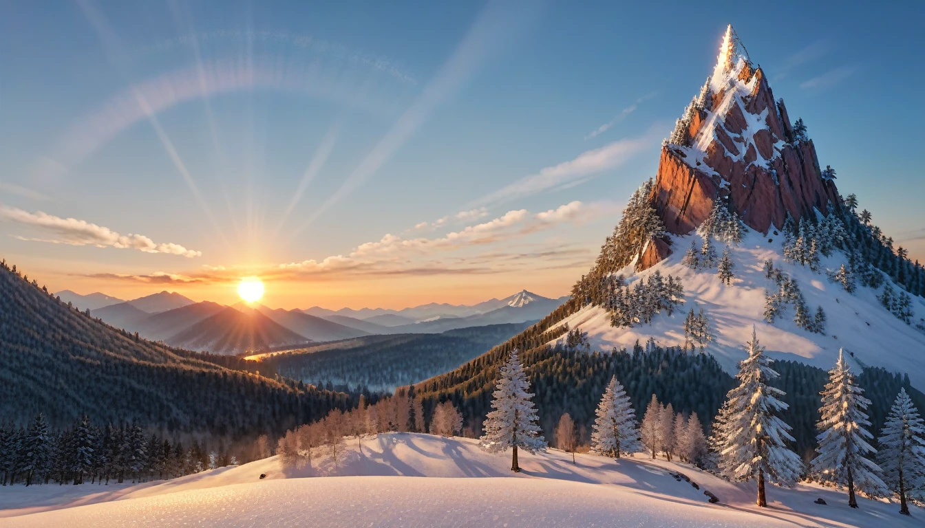 a National Geographic nature shot of a wolf sitting on a neigey mountain, regarder le soleil se lever, la transition entre la nuit et le jour, the neige forest mountain range, un argent (Dire Wolf: 1.3), assis au sommet d&#39;un (neigey mountain: 1.4), il voit la forêt dans les montagnes, il y a des pins, neige, une rivière coule entre les montagnes, la forêt se reflète dans les rayons du coucher du soleil dans la rivière, rayons divins, quelques nuages, rayons de soleil,  (la plus haute qualité:1.2, très détaillé, à jour, vibrant, Ultra haute résolution, Contraste élevé, chef-d&#39;œuvre:1.2, la plus haute qualité, Meilleure esthétique), meilleurs détails, Meilleure qualité, haute résolution, ultra grand angle, 16k, [ultra détaillé], chef-d&#39;œuvre, Meilleure qualité, (extrêmement détaillé: 1.5), étherpunkai, Style cinématographique hollywoodien