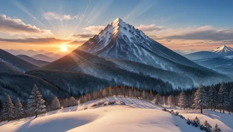 a National Geographic nature shot of a wolf sitting on a snowy mountain, watching the sun rises, the transition between night an...