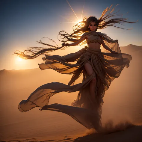 A highly detailed giant Bedouin sand girl in the form of a sandstorm flies into the light over a raging desert, giant hot sun ; ...