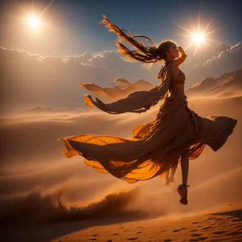 A highly detailed giant Bedouin sand girl in the form of a sandstorm flies into the light over a raging desert, giant hot sun ; ...