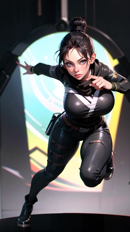 
wraith, black hair, single hair bun, looking at viewer,blue eyes,
scarf,nose piercing,black shirt,long sleeves,
Action pose, full body, Huge legs, Huge Breasts, 
Void portal \(object\),
