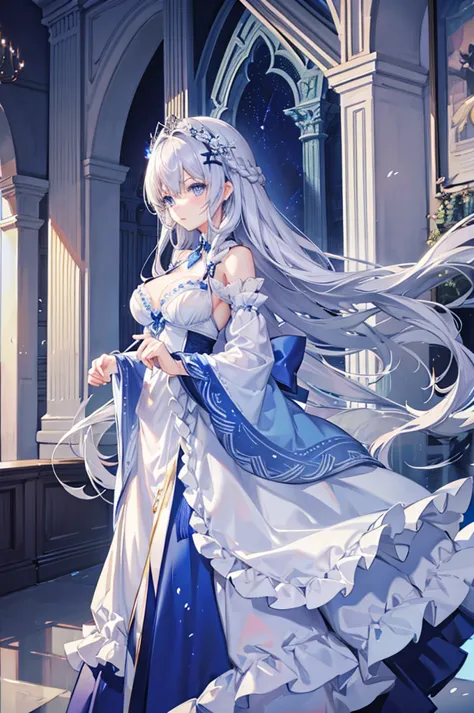 Silver hair and blue eyes、adult、Long, fluffy wavy hair、Braiding、Wearing hair ornaments、Wearing elegant lingerie、Fluttering