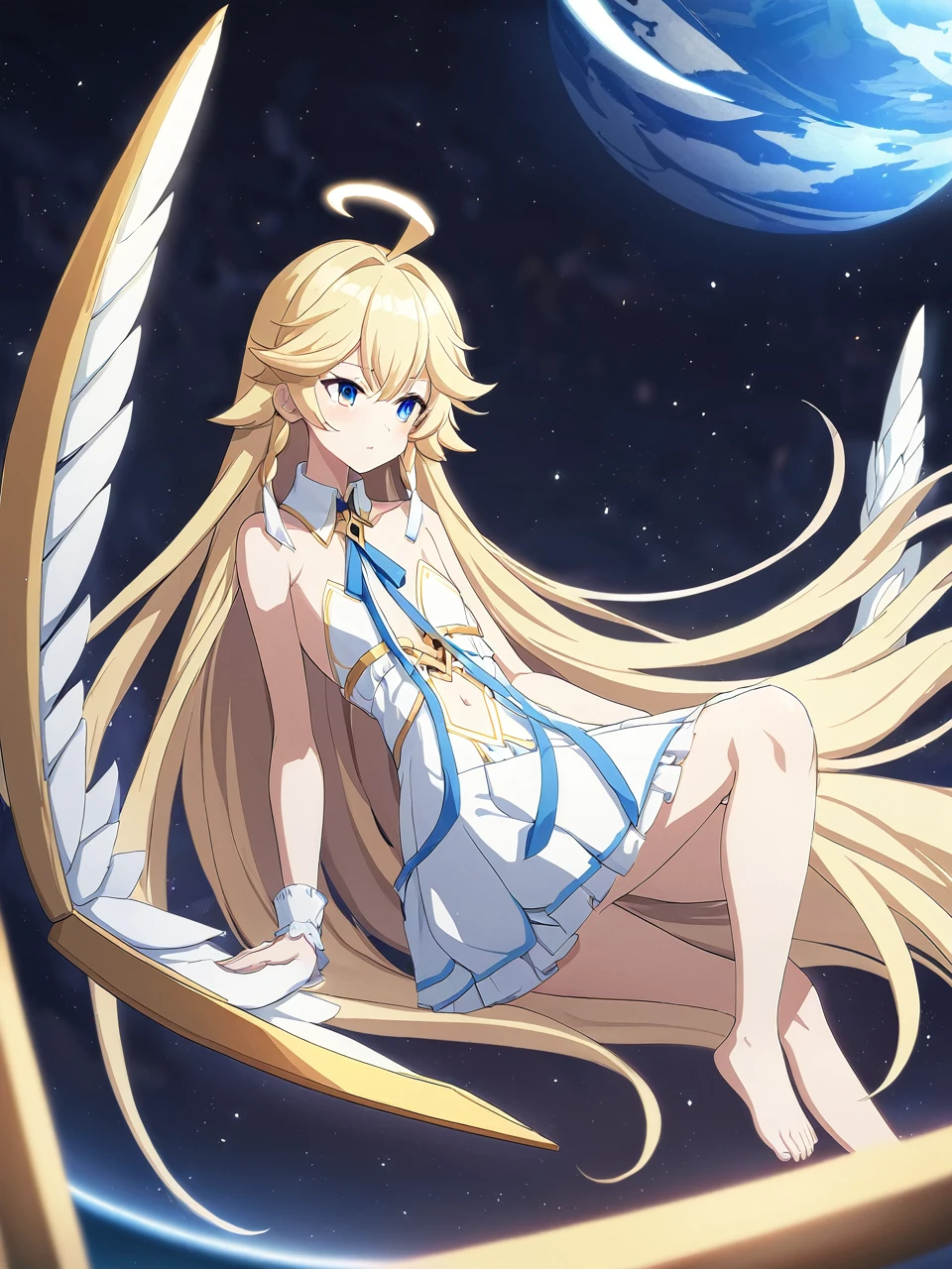 Zaora, blue eyes, (Variegated eyes:0.5), Blonde, Very long hair, Twin Blade, bangs, Ahoge, Hello, Angel, Flat Chest, White Dress, Belly button cutout, Detachable collar, Strapless, Neck ribbon, Bare shoulders, Angel wings, barefoot, One girl, Solo Break Space, planet, Depth of written boundary, Cinematic, masterpiece, Highest quality, Game CG
 