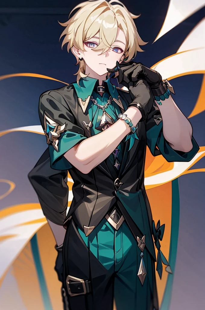 score_9,score_8_up,score_7_up,aventurine_\(honkai:_star_rail\),1boy,blonde_hair,short_hair,hair_between_eyes,multicolored_eyes,black_gloves,collared_shirt,earrings,aqua_shirt,fur_trim,bracelet,neck_tattoo,clothing_cutout,two-tone_eyes,
Show less