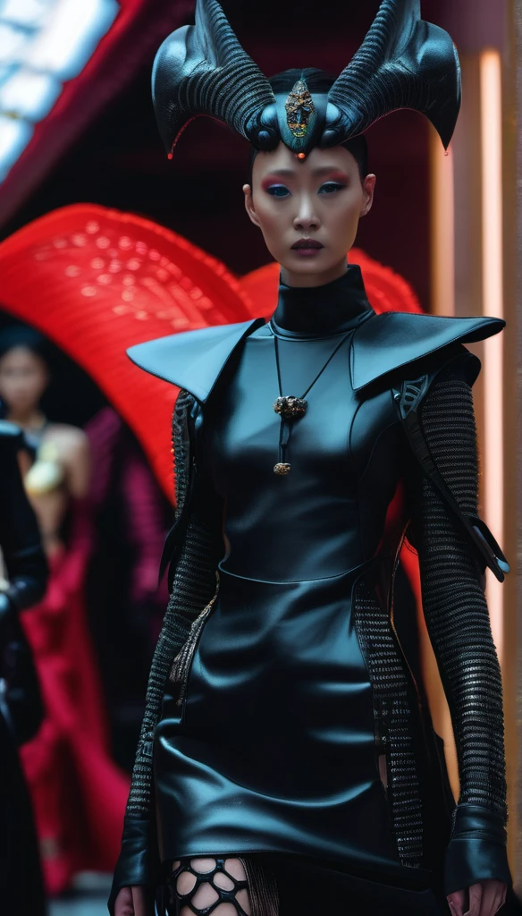 A fashion runway for alien technology , Cyberpunk fashion photography , Inspired by Chinese Xianxia and dark gothic，The fallen gods of Greek mythology，(Best quality,4K,8K,A high resolution,Masterpiece:1.2), (Realistic,Photorealistic,photo-realistic:1.37).
