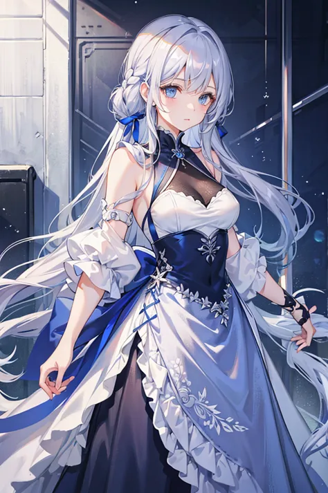 A woman with silver hair and blue eyes、Long, fluffy wavy hair、Braiding、I&#39;m in bed、Wearing lingerie、garter belt、race、Classy a...