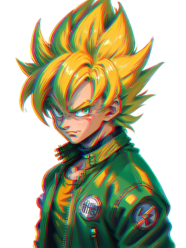 1man, solo, (masterpiece), best quality, ultra-detailed, Son Goku from Dragon Ball Z, super saiyan hair, yellow hair, Retro style, full body. fashion cloth, jean jacket, fancy, portrait, upper body, face detail, eyes detail: 1.3, simple background, green eyes, orange shirt, white background.
