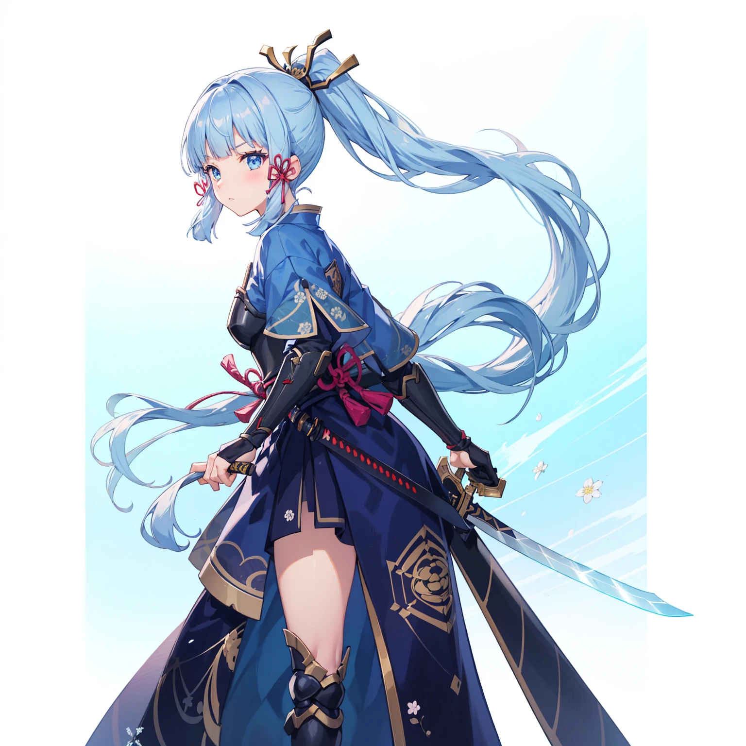 View the viewer, 1 Girl,  Highest quality, Blue Hair, blue eyes, Japanese style armor, Sword in hand, electricity, kamisato ayaka, whole body, blush, Serious face、Very detailed、high resolution、High resolution、Written boundary depth,White Background,A sword as big as your body