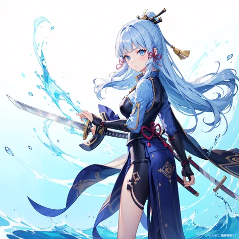 view the viewer, 1 girl,  highest quality, blue hair, blue eyes, japanese style armor, sword in hand, electricity, kamisato ayak...