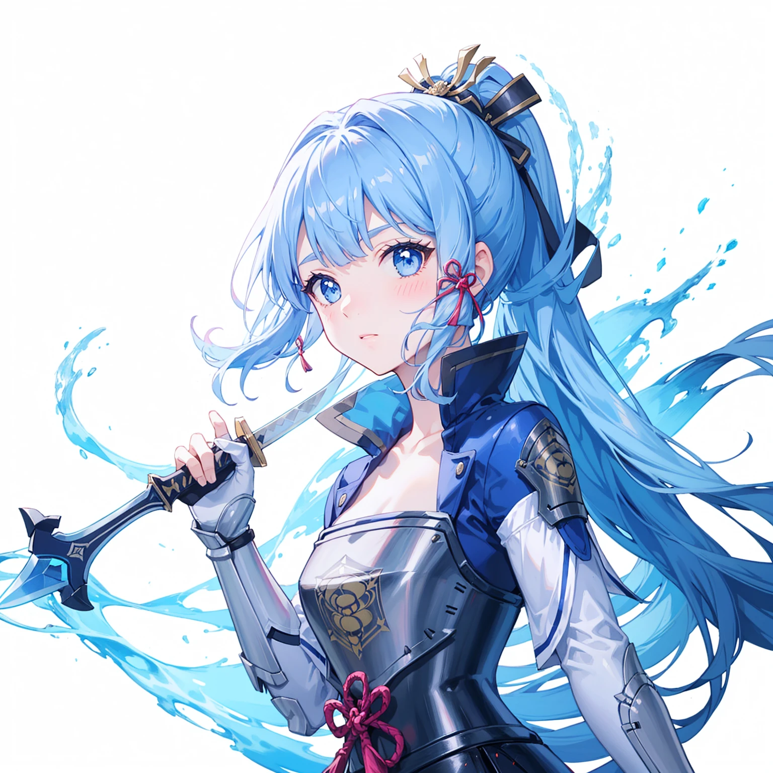 View the viewer, 1 Girl,  Highest quality, Blue Hair, blue eyes, Japanese style armor, Sword in hand, electricity, kamisato ayaka, whole body, blush, Serious face、Very detailed、high resolution、High resolution、Written boundary depth,White Background,A sword as big as your body