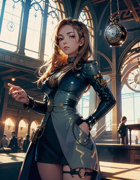 SteamPunk AI, one woman, a traveler, looks at a pocket watch in her hand, in the background is a railway station under a huge ro...