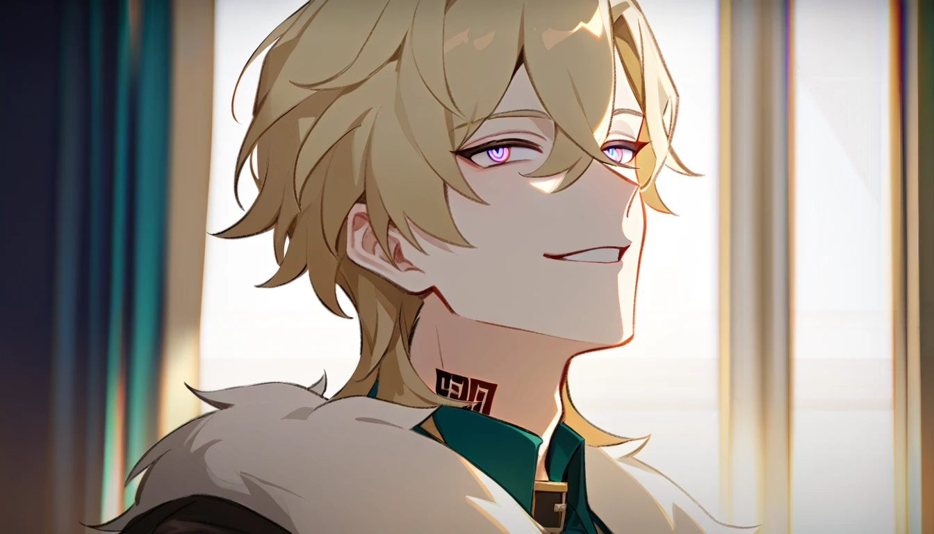 ((в профиль)) (1boy, solo, solo focus), смеется, male focus, bishounen, pale skin, aventurine, blonde hair, medium hair, (two-tone eyes, purple eyes, blue eyes), (perfect face, perfect eyes:1.2), seductive smile, BREAK, (portrait:1.2), indoors, simple background, казино, монеты