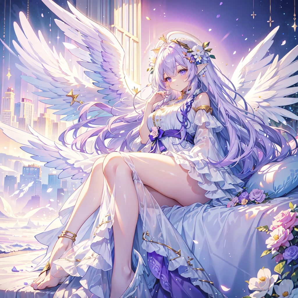 highest quality, Extremely detailed, beautiful, exquisite, 16k, Full HD, ((sleep)),(sleep in bed),disorganized,(flower garden,Please sleep on your side),((Sparkling and soft layered dress)),A large and beautiful dress inspired by rose flowers, Hanabubuki,The screen is surrounded by flowers,frills,Intricate billowing ball gown with rhinestones,(art station, fantasy art:1.2), pastel colour,((giant white angel wings:1.5))、gradient hair, long white hair, wavy hair,fluffy hair,tiara,anklet,purple eyes, long eyelashes, beautiful purple eyes,pale pink cheeks,golden hour, dazzling light, warm lighting,bright light,romantic light,1 female