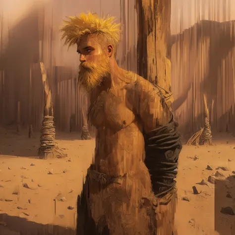 very tanned primitive buzzcut shaved head brutish sad Neanderthal Russian young man tied to wooden post in quarry desert mountai...