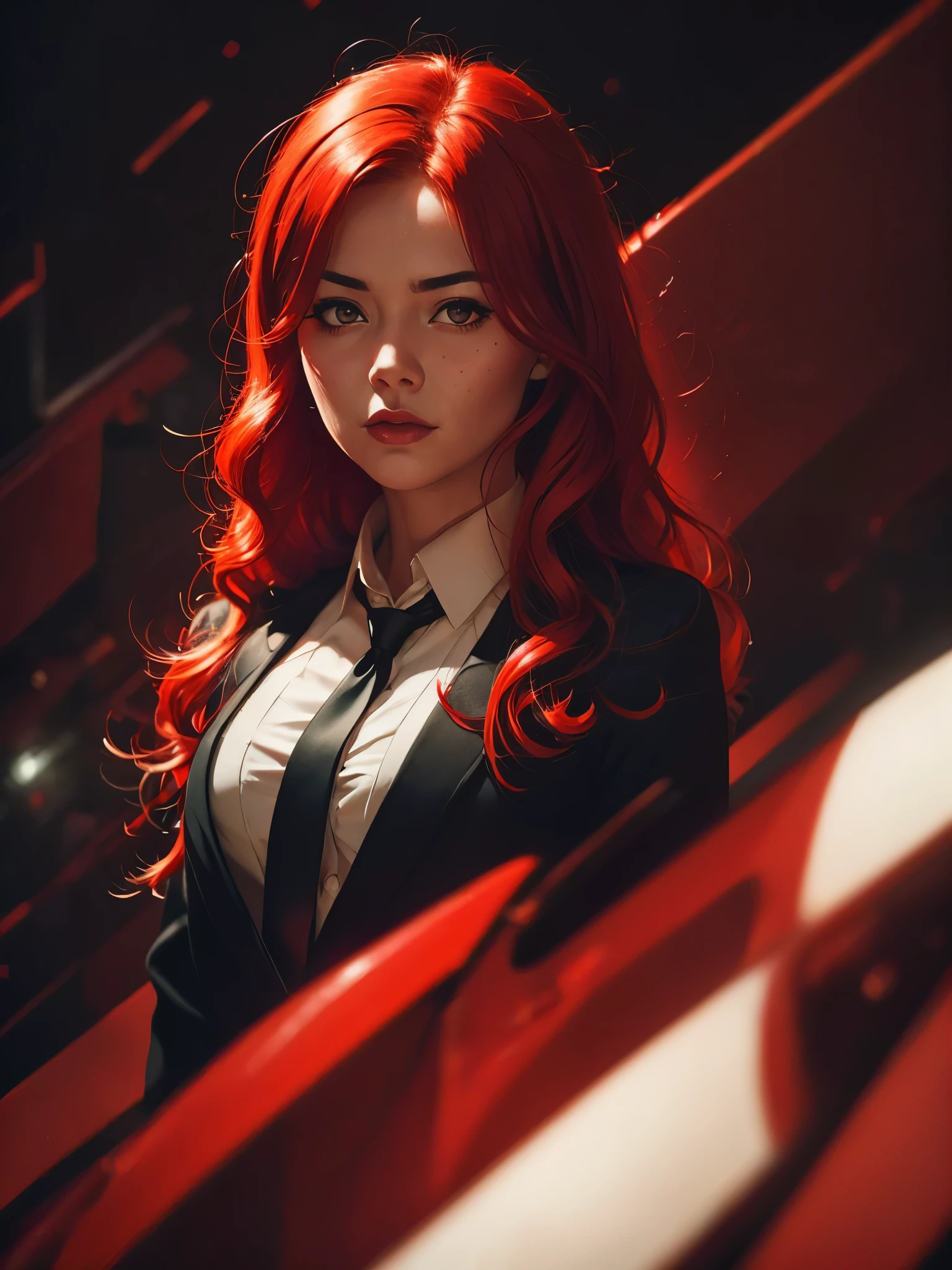 a detective women, open eyes, red hair, 1girl, solo (aesthetic:1.2) detailed girl, vibrant red, (BOKEH) old ondustrial london background, (pov) engaging perspective, captivating gaze, (deep, immersive) steam ambiance, (artistically) blurred foreground, (dramatic) atmosphere, mist, (secretive) mystical encounter, black tie, white shirt, ((full body)), demon horn