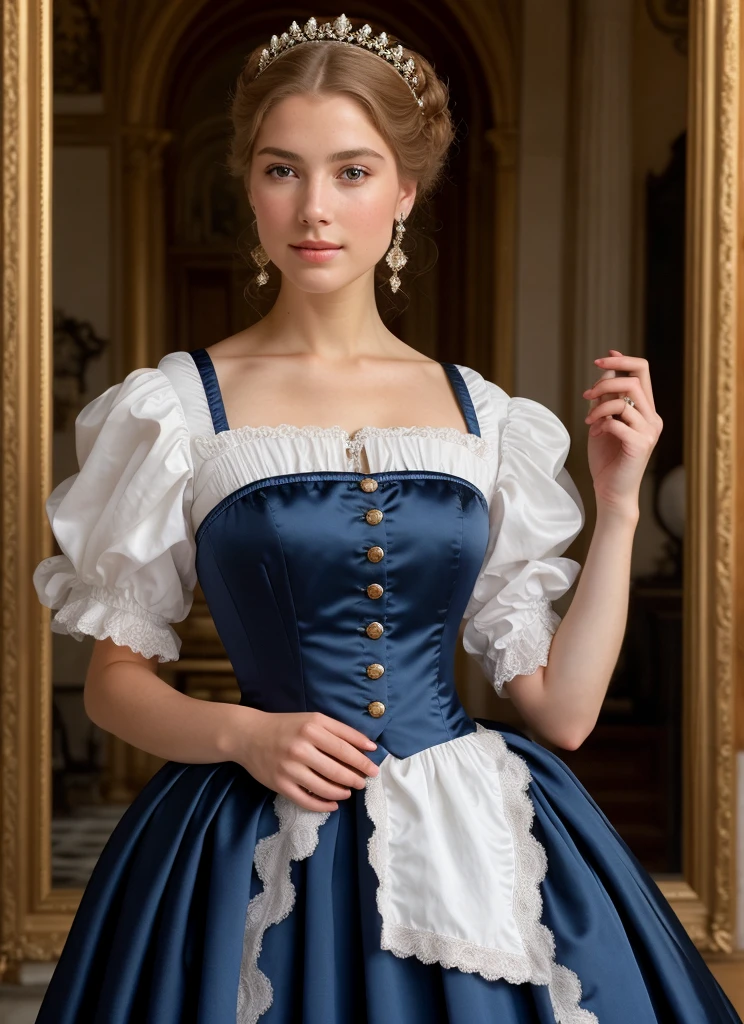 Grace Victoria Cox, hochmütiger Blick, Adlige des Mittelalters Schöne Frau in komplexem Outfit, anspruchsvoll und elegant，Aristokratisches blaues Spitzenkostüm，Blondes Haar von bester Qualität，8K，chef-d&#39;Kunstwerk，Foto d&#39;Ensemble，Lumière douce et naturelle，Klarer Fokus，Schönheit mit Stil，Texture du visage et de la peau très détaillée，wütender Blick, Detaillierte Augen，Doppeltes Augenlid，Zu L&#39;Innenraum des Schlosses, viktorianisches Kleid mit Ausschnitt