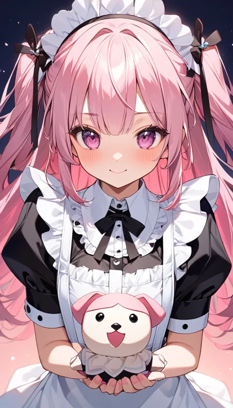 One girl,(cute:1.3),trend,(puppet:1.2),[water彩:0.7],white色の背景,Upper Body(Best image quality),(Hair is pink、Drill Twin、Maid cloth...