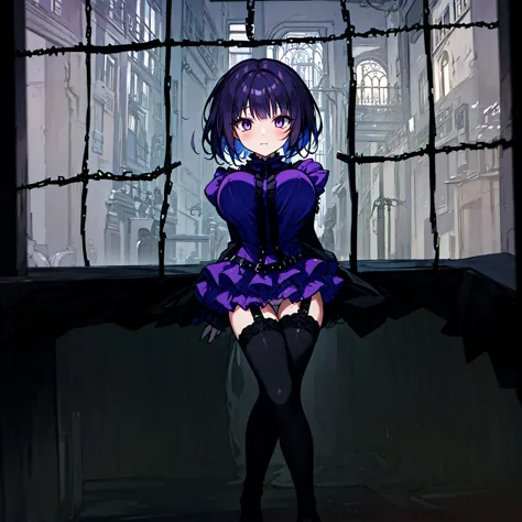 (solo), (1 skinny short girl:1.2), in the dark hall of mansion, (midnight), purple eyes over hair, Gothic Lolita, arms behind ba...