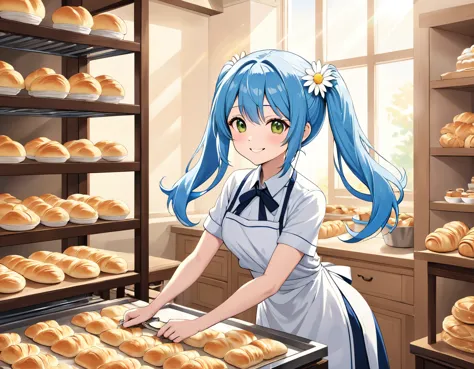 a bakery decorated with daisies in the sunlight、bakers make the perfect dough for flaky pastries. light blue long hair、beautiful...