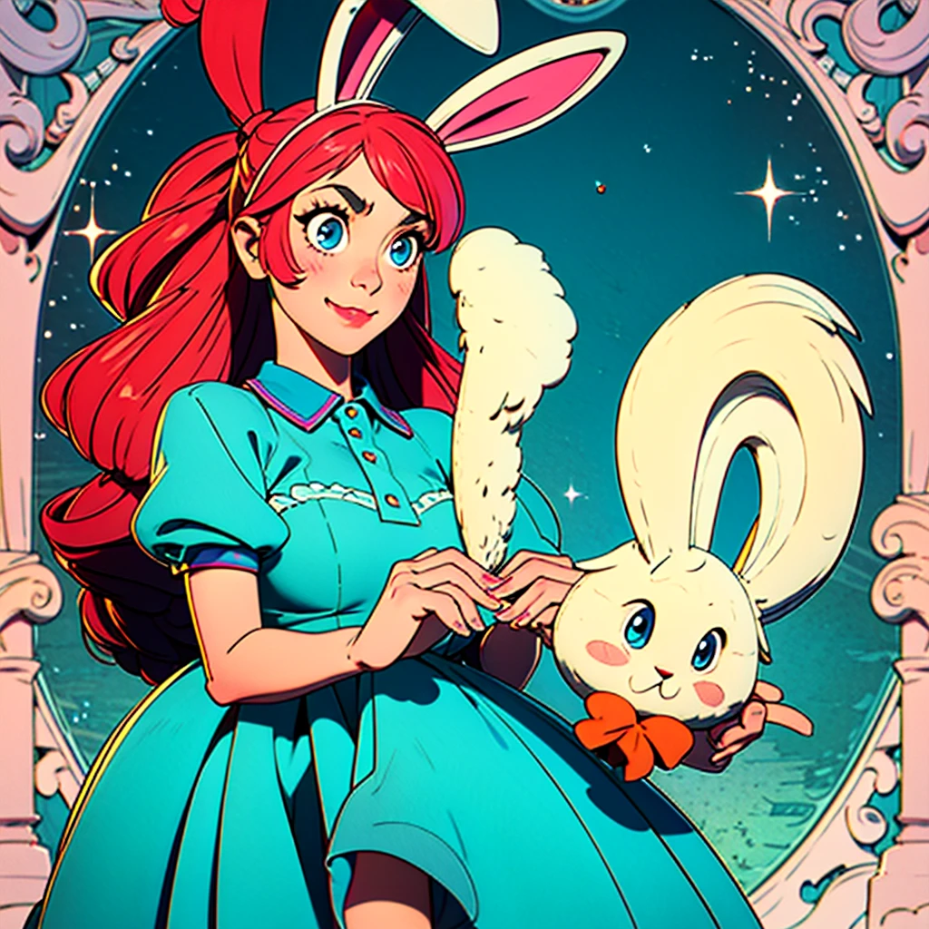 1 girl, Masterpiece, Best Quality, 8K, Detailed skin texture, Detailed fabric texture, Beautiful detailed face, Complex details, Ultra detailed, pink hair, two ponytails, medium length hair, bangs to the eyes, blue eyes, smiling, bunny ears, cute pink sundress, white vintage blouse, holding a big star in her hands, lots of details, no background, pleasant atmosphere, lots of stars, ultra hd,