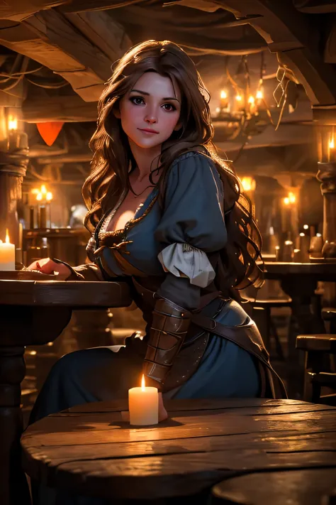 a medieval tavern, warm lighting, candles, wooden tables, center room, a 24 year old mature woman with long brown hair, modest b...