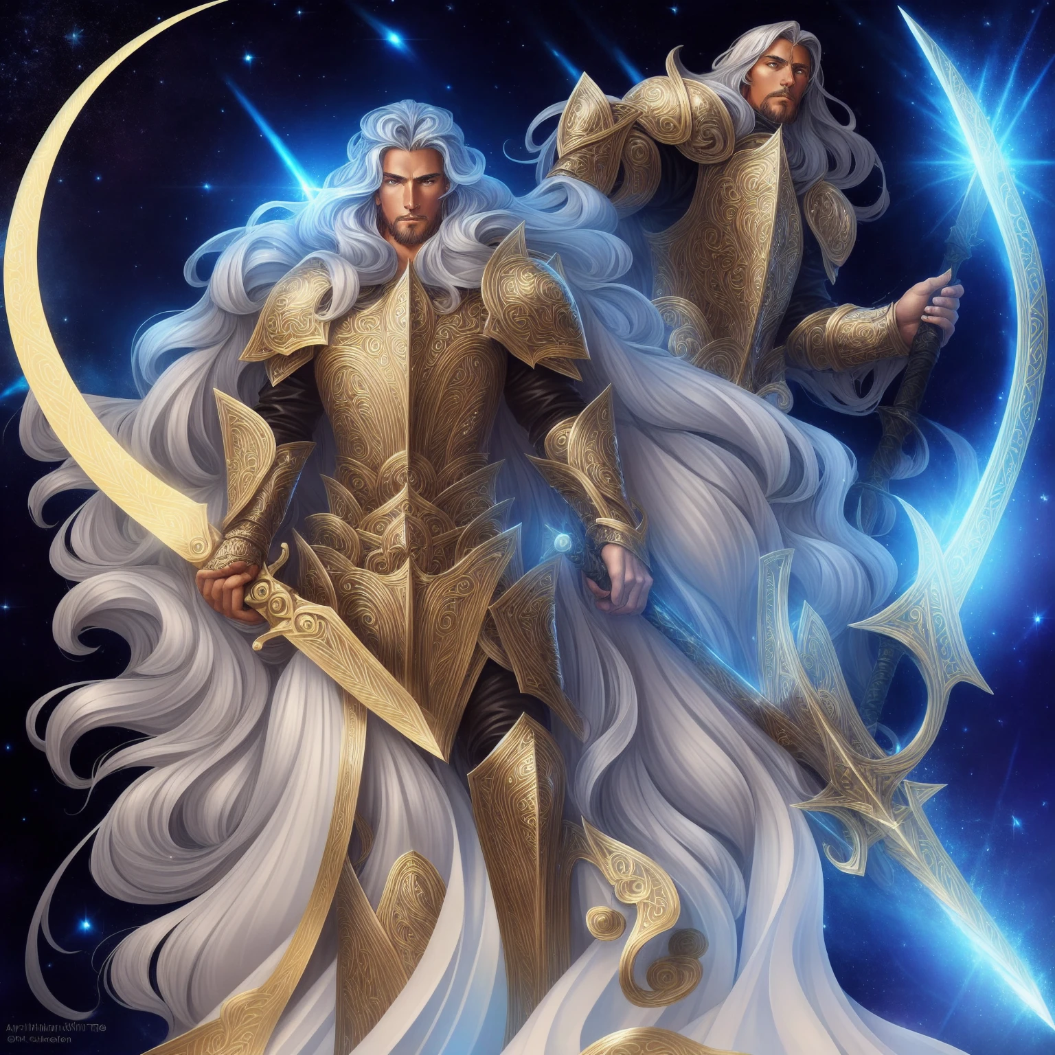  1man, adult man, silver hair, long wavy hair, golden eyes, tanned skin, An impressive Archpaladin wielding a majestic kite shield. The Archpaladin is a formidable figure who radiates strength and nobility. Adorned in white shining armor, the Archpaladin stands tall and confident, exuding an aura of divine power. In one hand, the Paladin black sword holds a majestic kite shield adorned with intricate winds patterns and divine symbols. The shield shines with a bright light, symbolizing its protective properties. The Archpaladin's expression is determined and resolute, embodying unwavering faith and righteous power. The background is a grand and sacred setting, with pillars of light and celestial energy. The art style captures Wlop's majestic aesthetic, with bold, vibrant colors, intricate details, and a sense of divine presence. Camera Shot: Full body shot, showing the imposing stature of the Archpaladin and the intricate design of the majestic shield. Rendering style: bold colors, radiant lighting, and a sense of divine grandeur. Resolution: 4K for optimal impact.",Detailedface,1guy