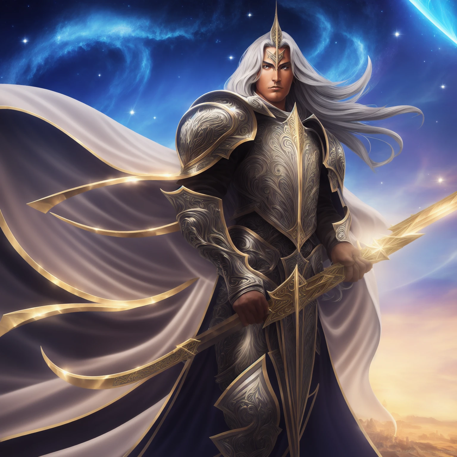  1man, adult man, silver hair, long wavy hair, golden eyes, tanned skin, An impressive Archpaladin wielding a majestic kite shield. The Archpaladin is a formidable figure who radiates strength and nobility. Adorned in white shining armor, the Archpaladin stands tall and confident, exuding an aura of divine power. In one hand, the Paladin black sword holds a majestic kite shield adorned with intricate winds patterns and divine symbols. The shield shines with a bright light, symbolizing its protective properties. The Archpaladin's expression is determined and resolute, embodying unwavering faith and righteous power. The background is a grand and sacred setting, with pillars of light and celestial energy. The art style captures Wlop's majestic aesthetic, with bold, vibrant colors, intricate details, and a sense of divine presence. Camera Shot: Full body shot, showing the imposing stature of the Archpaladin and the intricate design of the majestic shield. Rendering style: bold colors, radiant lighting, and a sense of divine grandeur. Resolution: 4K for optimal impact.",Detailedface,1guy