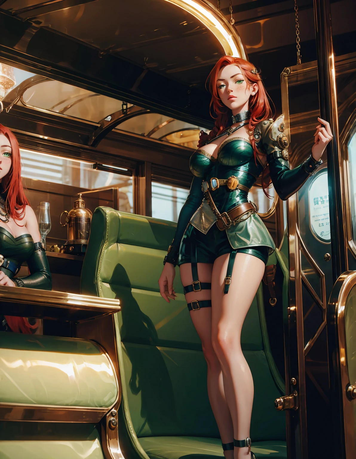 SteamPunk AI, A beautiful woman, posing, with freckles, green eyes and long red hair braided, in a corset with big breasts, standing on a Steampunk train