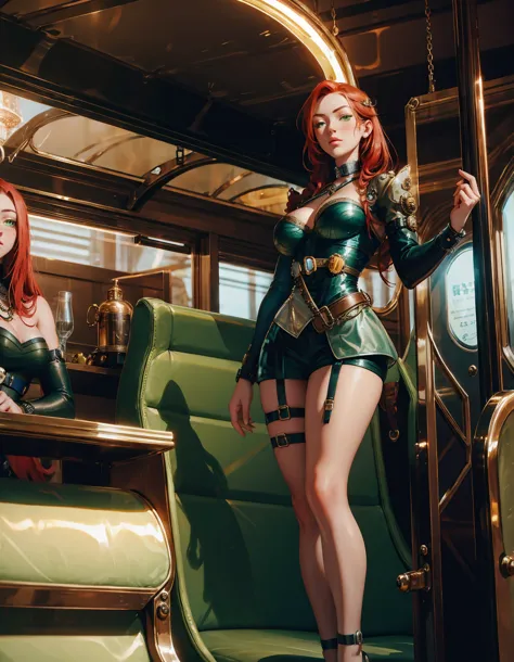 SteamPunk AI, A beautiful woman, posing, with freckles, green eyes and long red hair braided, in a corset with big breasts, stan...