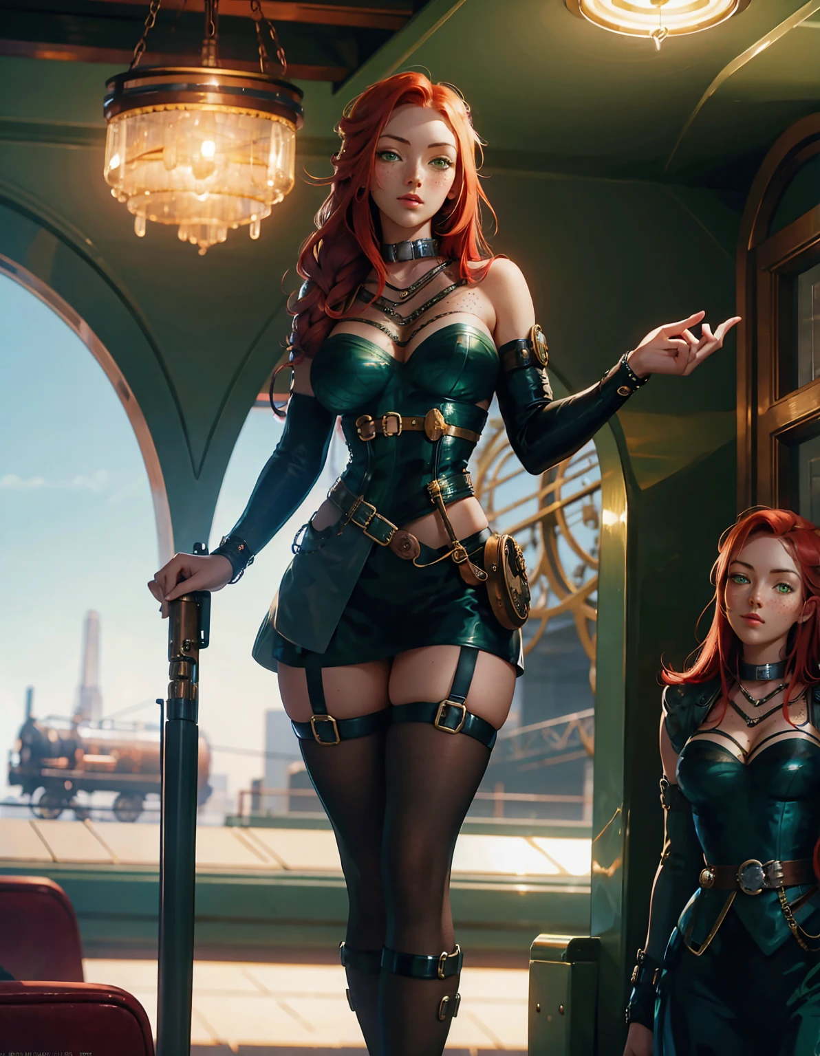 SteamPunk AI, A beautiful woman, posing, with freckles, green eyes and long red hair braided, in a corset with big breasts, standing on a Steampunk train