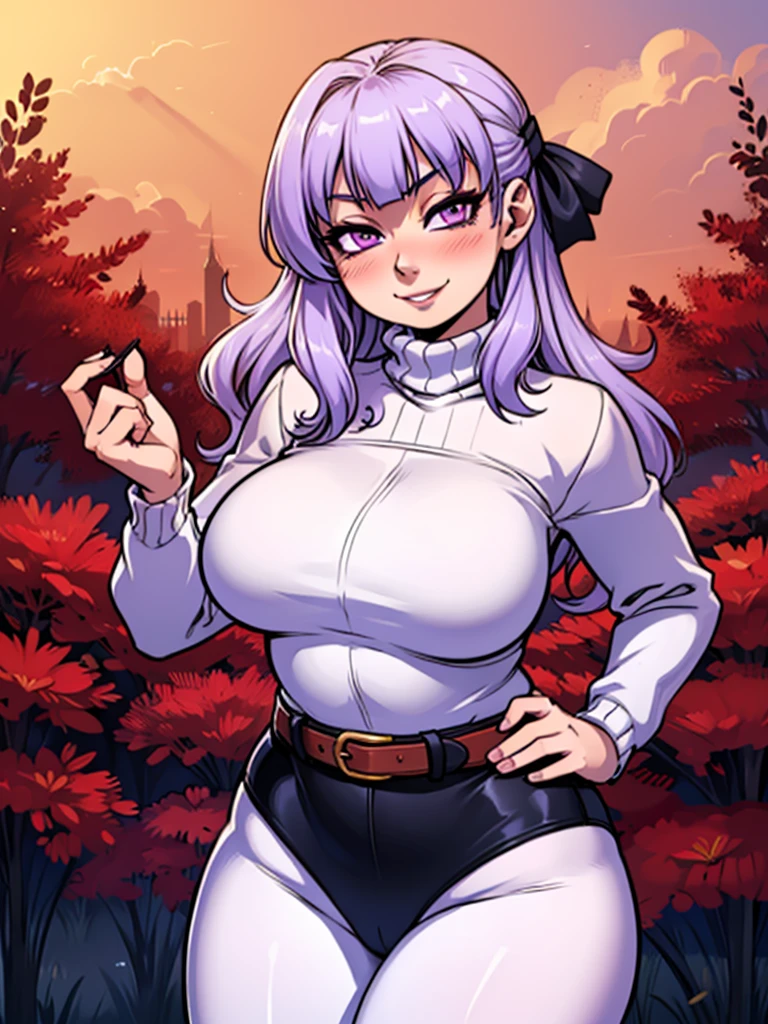 high_aesthetic,art by Lazorchef, ((Masterpiece, best quality, perfect lighting, amazing shading)), perfect anatomy, field of depth, extremely beautiful, long silver hair, hair ribbons, purple eyes, turtleneck sweater, tights, cute smile, (curvy), belt, blushing, (cowboy shot), (elegant pose), simple background