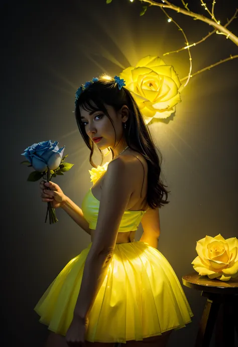 
Create a bud of dark gray and blue roses filled with yellow light emanating all around
