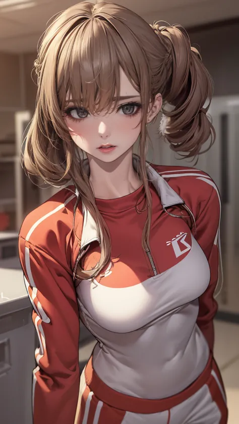 locker room,track suit,(Thin type:1.5),(large breasts),(random hairstyle),(Highest image quality,(8K), Ultra-realistic, Best Qua...
