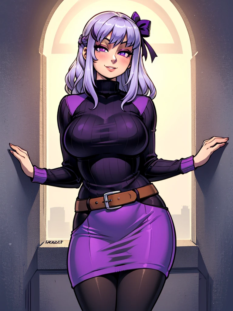 high_aesthetic,art by Lazorchef, ((Masterpiece, best quality, perfect lighting, amazing shading)), perfect anatomy, field of depth, extremely beautiful, long silver hair, hair ribbons, purple eyes, sweater dress, pantyhose, cute smile, (curvy), [belt], blushing, (cowboy shot), (elegant pose), simple background