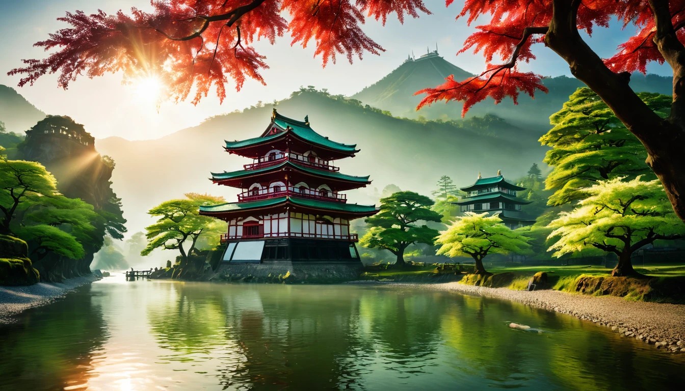 a National Geographic picture of dark Japanese medieval temple, as the sun rises in the horizon, it sits on the bank of a river near surrounded by cherry trees, almond trees, Japanese maple trees, (all trees in many colorful shades of green, red, pin, orange: 1.5) ((all scenery is reflected in the river: 1.5)), an epic ancient Japanese medieval temple, ancient and epic in its majestic antiquity, a sense of serenity, tranquility,  divine rays, some clouds, sun rays, (highest quality:1.2, Very detailed, up to date, Vibrant, Ultra-high resolution, High Contrast, masterpiece:1.2, highest quality, Best aesthetics), best details, best quality, highres, ultra wide angle, 16k, [ultra detailed], masterpiece, best quality, (extremely detailed: 1.5), ladyshadow, drkfntasy