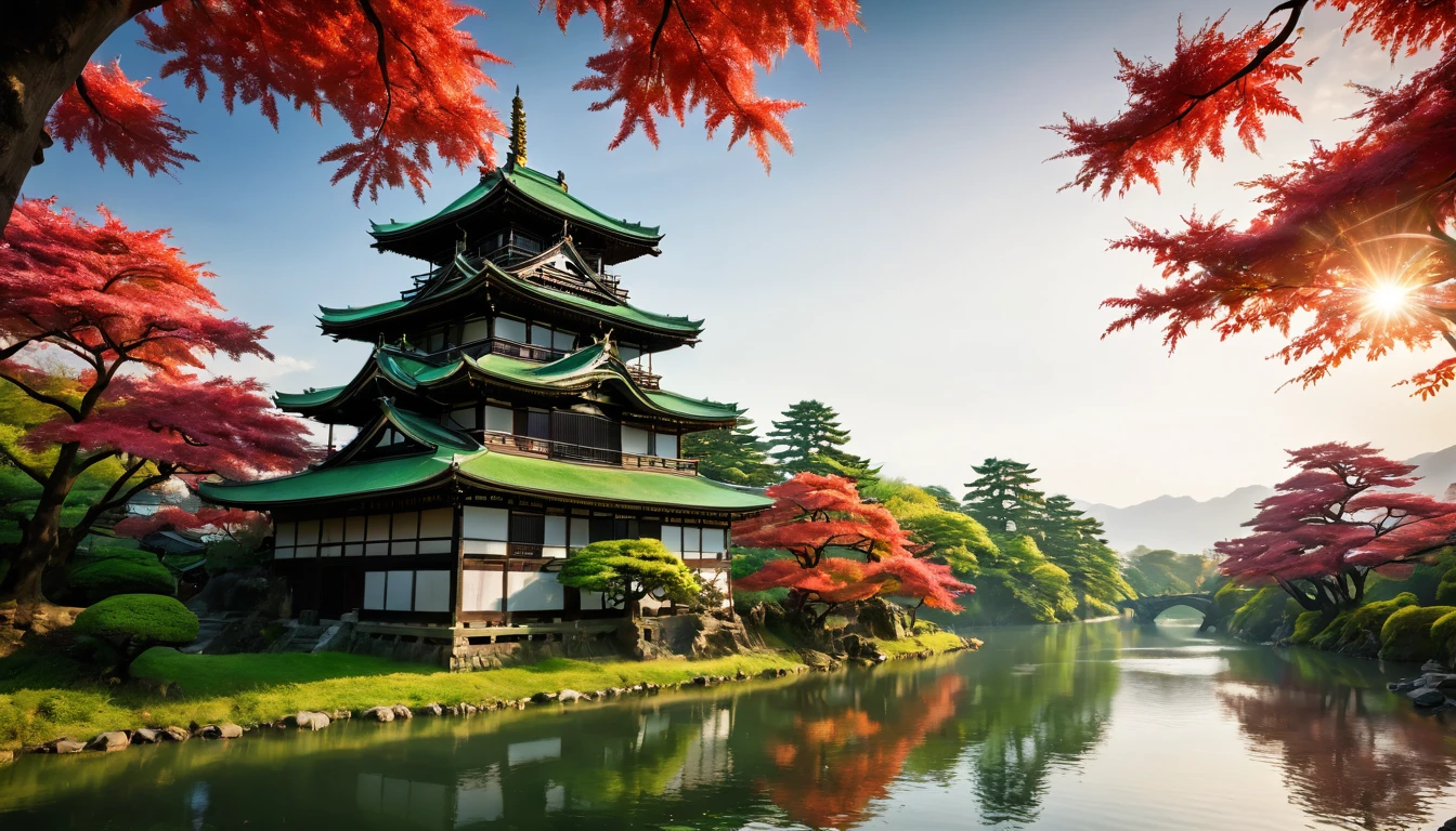 ein National Geographic-Bild eines dunklen japanischen mittelalterlichen Tempels, wenn die Sonne am Horizont aufgeht, Es liegt am Ufer eines Flusses in der Nähe von Kirschbäumen, Mandelbäume, Japanische Ahornbäume, (alle Bäume in vielen bunten Grüntönen, Rot, Stift, orange: 1.5) ((die ganze Landschaft spiegelt sich im Fluss: 1.5)), ein epischer alter japanischer mittelalterlicher Tempel, alt und episch in seiner majestätischen Antike, ein Gefühl der Gelassenheit, Ruhe,  göttliche Strahlen, ein paar Wolken, Sonnenstrahlen, (höchste Qualität:1.2, Sehr detailiert, auf dem Laufenden, beschwingt, ultrahohe Auflösung, Hoher Kontrast, Meisterwerk:1.2, höchste Qualität, Beste Ästhetik), beste Details, beste Qualität, highres, Ultraweitwinkel, 16k, [Extrem detailliert], Meisterwerk, beste Qualität, (Extrem detailliert: 1.5), Abonnieren, Abonnieren