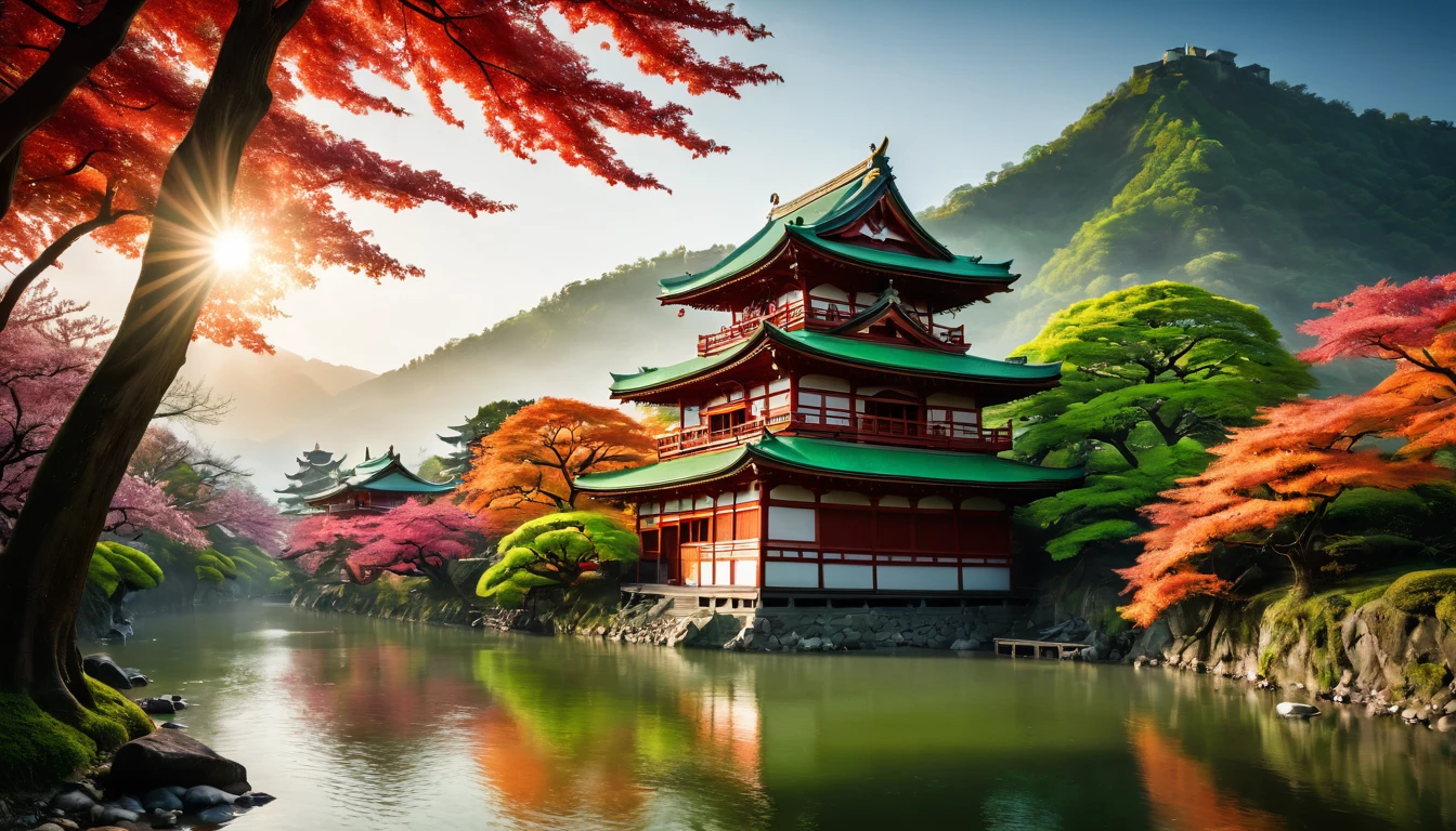 ein National Geographic-Bild eines dunklen japanischen mittelalterlichen Tempels, wenn die Sonne am Horizont aufgeht, Es liegt am Ufer eines Flusses in der Nähe von Kirschbäumen, Mandelbäume, Japanische Ahornbäume, (alle Bäume in vielen bunten Grüntönen, Rot, Stift, orange: 1.5) ((die ganze Landschaft spiegelt sich im Fluss: 1.5)), ein epischer alter japanischer mittelalterlicher Tempel, alt und episch in seiner majestätischen Antike, ein Gefühl der Gelassenheit, Ruhe,  göttliche Strahlen, ein paar Wolken, Sonnenstrahlen, (höchste Qualität:1.2, Sehr detailiert, auf dem Laufenden, beschwingt, ultrahohe Auflösung, Hoher Kontrast, Meisterwerk:1.2, höchste Qualität, Beste Ästhetik), beste Details, beste Qualität, highres, Ultraweitwinkel, 16k, [Extrem detailliert], Meisterwerk, beste Qualität, (Extrem detailliert: 1.5), Abonnieren, Abonnieren