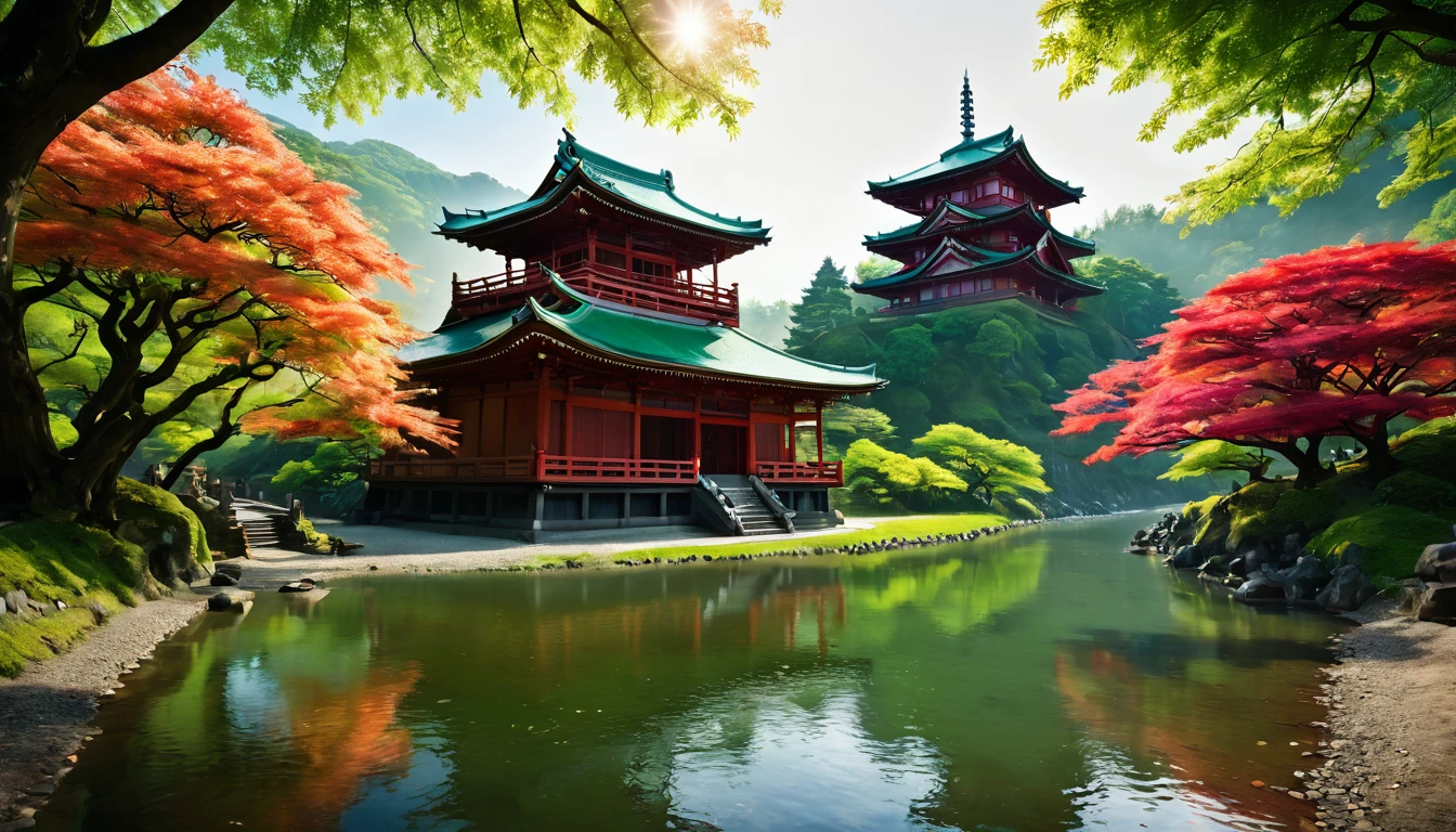 a National Geographic picture of dark Japanese medieval temple, as the sun rises in the horizon, it sits on the bank of a river near surrounded by cherry trees, almond trees, Japanese maple trees, (all trees in many colorful shades of green, red, pin, orange: 1.5) ((all scenery is reflected in the river: 1.5)), an epic ancient Japanese medieval temple, ancient and epic in its majestic antiquity, a sense of serenity, tranquility,  divine rays, some clouds, sun rays, (highest quality:1.2, Very detailed, up to date, Vibrant, Ultra-high resolution, High Contrast, masterpiece:1.2, highest quality, Best aesthetics), best details, best quality, highres, ultra wide angle, 16k, [ultra detailed], masterpiece, best quality, (extremely detailed: 1.5), ladyshadow, drkfntasy