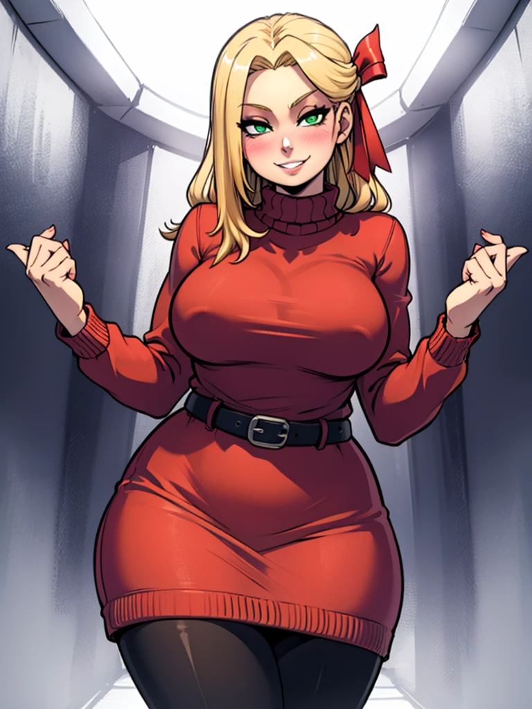 high_aesthetic,art by Lazorchef, ((Masterpiece, best quality, perfect lighting, amazing shading)), perfect anatomy, field of depth, extremely beautiful, long blonde hair, hair ribbons, green eyes, sweater dress, pantyhose, cute smile, (curvy), [belt], blushing, (cowboy shot), (elegant pose), simple background