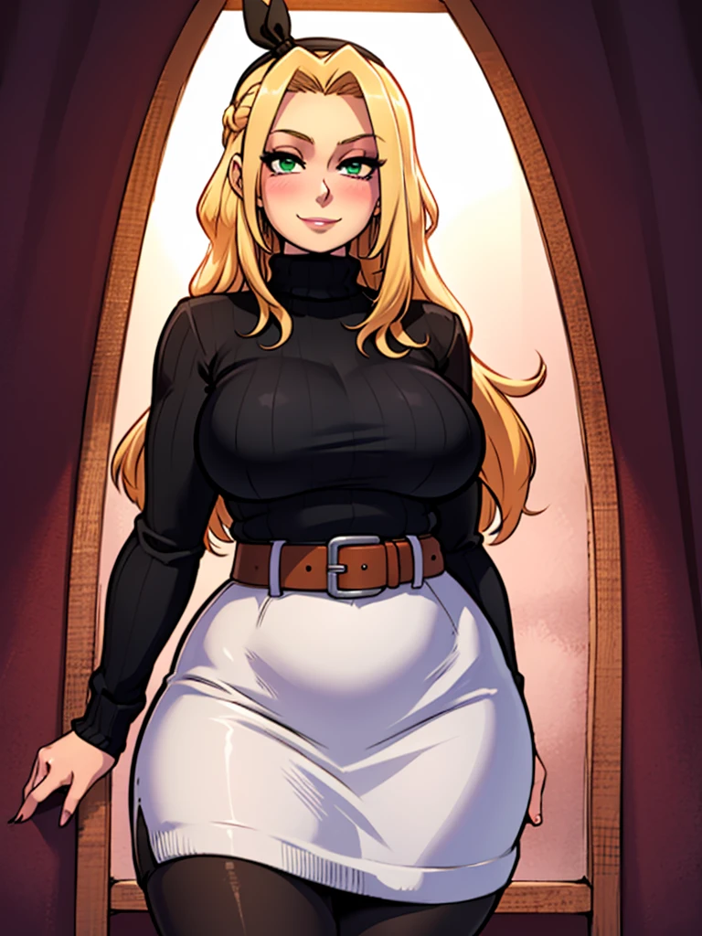 high_aesthetic,art by Lazorchef, ((Masterpiece, best quality, perfect lighting, amazing shading)), perfect anatomy, field of depth, extremely beautiful, long blonde hair, hair ribbons, green eyes, sweater dress, pantyhose, cute smile, (curvy), [belt], blushing, (cowboy shot), (elegant pose), simple background