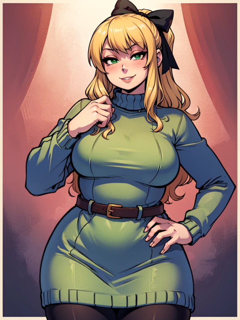 high_aesthetic,art by Lazorchef, ((Masterpiece, best quality, perfect lighting, amazing shading)), perfect anatomy, field of depth, extremely beautiful, long blonde hair, hair ribbons, green eyes, sweater dress, pantyhose, cute smile, (curvy), [belt], blushing, (cowboy shot), (elegant pose), simple background