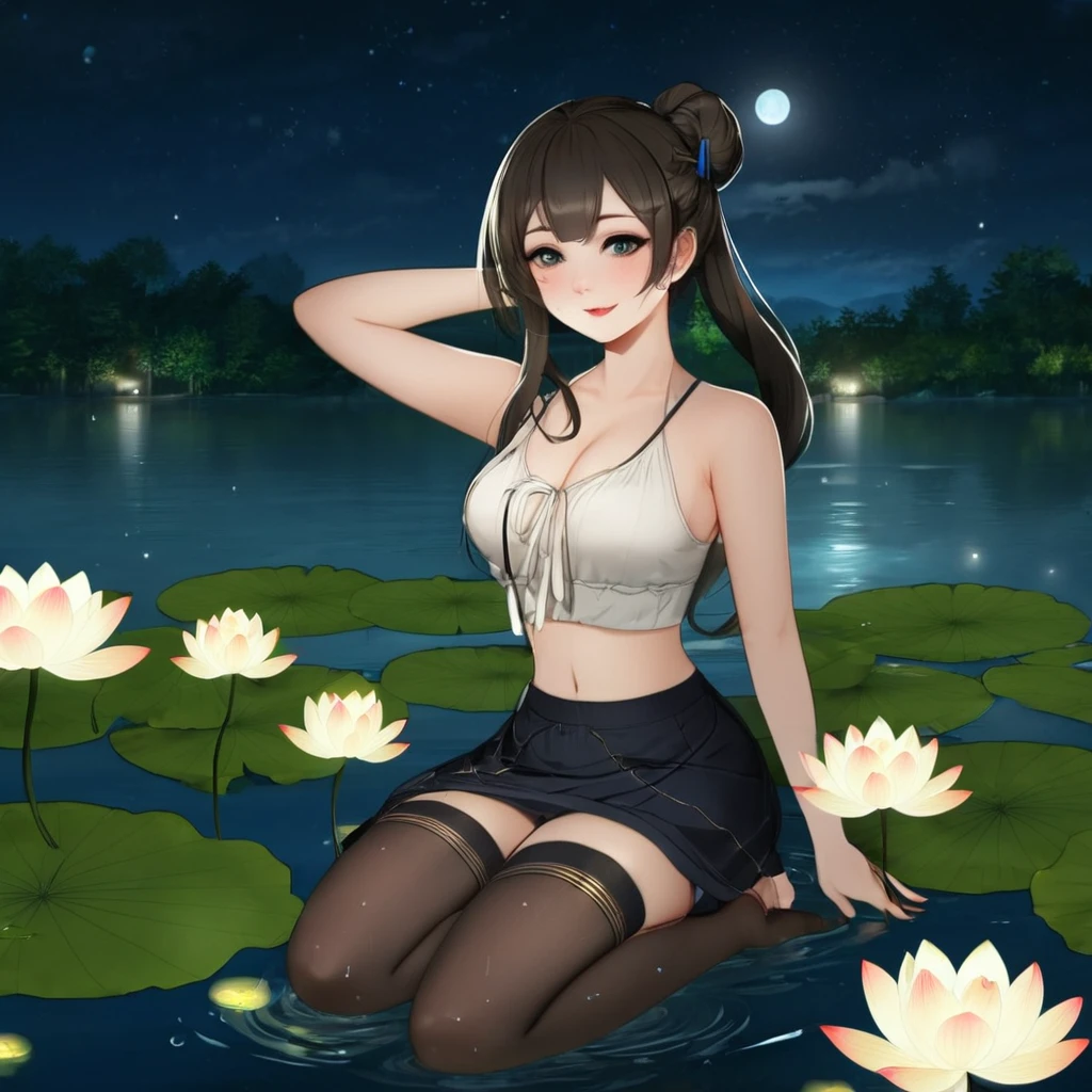 (High quality, 8k, original character), (Fact: 1.5), (Masterpiece, Best Quality, High Resolution: 1.2), Girl, Summer Night, (Stockings Smooth Texture: 1.5), Sexy Skirt, Delicate Eyes, Delicate Image, Boat, River, Face to Camera, A Large Lotus Blooms Behind It, Moonlight, Breeze, Fireflies