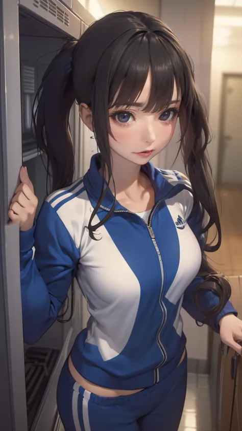 locker room,track suit,(thin type:1.5),(large breasts),(random hairstyle),(highest image quality,(8k), ultra-realistic, best qua...