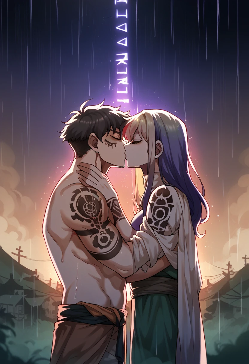 An ethereal sultryseductivedemonic 20 year old anime male druid with metallic long hair and tattoos, intimately holding and almost kissing a 20 year old anime male, anime druid demon male hellscape at night, manga inspired by Masashi Wakui, rainbow color palette, atmospheric fog, decay, worn textures, rain-soaked fantasy village, manga-style illustration --s 150 --ar 1:2 --c 5 Removed From Image