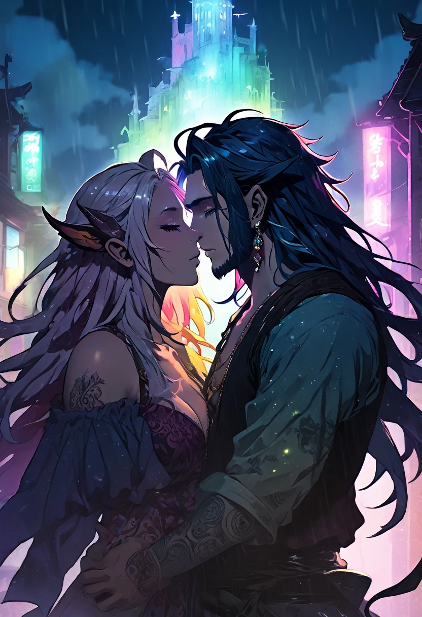 An ethereal sultryseductivedemonic 20 year old anime male druid with metallic long hair and tattoos, intimately holding and almost kissing a 20 year old anime male, anime druid demon male hellscape at night, manga inspired by Masashi Wakui, rainbow color palette, atmospheric fog, decay, worn textures, rain-soaked fantasy village, manga-style illustration --s 150 --ar 1:2 --c 5 Removed From Image