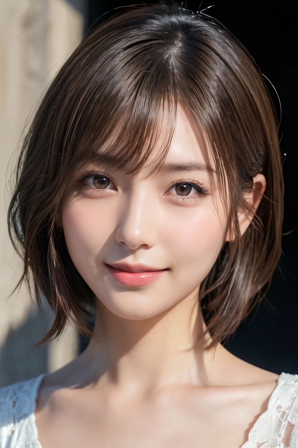 (masterpiece:1.2, Highest quality), (beautiful, Fine grain: 1.2、beautiful skin、beautiful hair、Good attitude and dignity、beautiful manners、pity、beautiful eyes), ((One Woman)), (Clear light brown eyes:1.4), (Detailed eyes and face:1.3), ((Short Hair Woman)), (beautiful and vivid background:1.2), (Extremely detailed CG, Very detailed, Best Shadow:1.1), ((Written boundary depth)), ((watercolor)), beautiful concept shape, (Blue background:0.5), (shape:1.1), (とても素敵でbeautiful:1.1), (Perfect detail:1.1), from the front, Cowboy Shot, scenery 、Listen carefully、長くbeautiful首、Please close your mouth and smile happily at the viewers.