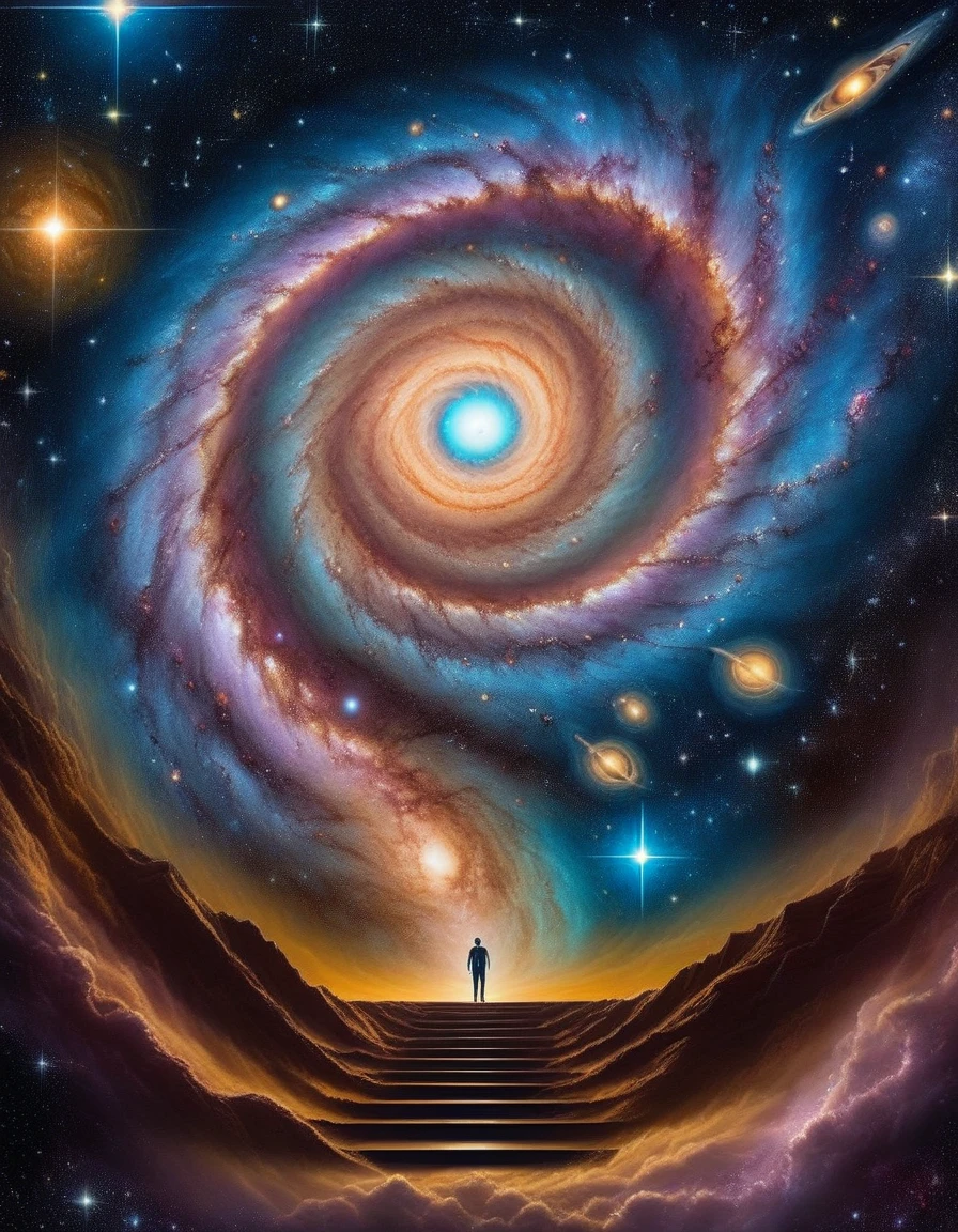 obra maestra, mejor calidad, (arte de escalera), Ojos misteriosos en el cielo estrellado.，cielo estrellado profundo，MÍSTICO，desconocido，Ambiente de película，modo oscuro negativo，imaginario，espectáculo，Soñar mirando hacia la longitud infinita del universo，galaxias infinitas，Dangerous black holeploding supernova，Nebulosa estelar flotante、atmósfera ominosa、modo oscuro negativo、atmósfera matricial、Rotación de código numérico、Abismo，Escaleras al cielo fotografía con flash., alta saturación