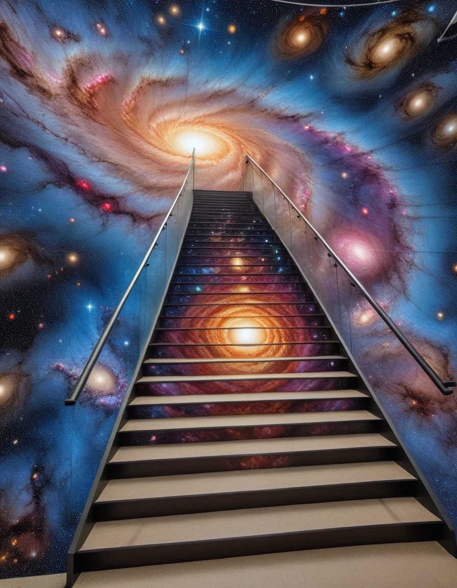 obra maestra, mejor calidad, (arte de escalera), Ojos misteriosos en el cielo estrellado.，cielo estrellado profundo，MÍSTICO，desconocido，Ambiente de película，modo oscuro negativo，imaginario，espectáculo，Soñar mirando hacia la longitud infinita del universo，galaxias infinitas，Dangerous black holeploding supernova，Nebulosa estelar flotante、atmósfera ominosa、modo oscuro negativo、atmósfera matricial、Rotación de código numérico、Abismo，Escaleras al cielo fotografía con flash., alta saturación