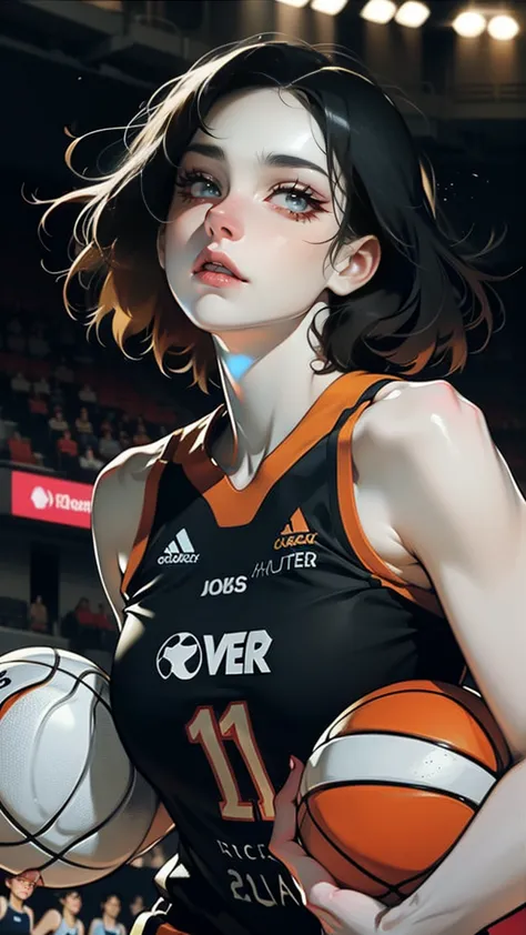 score_9, score_8_up, score_7_up WNBA, (Caitlin Clark), Tall White Pale Skinny Girl, Thin, Black-Hair, hair pulled back, blue eye...