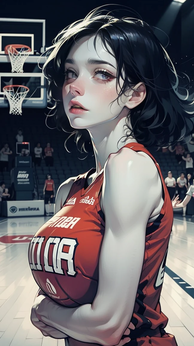 score_9, score_8_up, score_7_up WNBA, (Caitlin Clark), Tall White Pale Skinny Girl, Thin, Black-Hair, hair pulled back, blue eyes, Emaciated face, wnba "Fever" jersey, well lite basketball court, detailed background, hyper realistic, game face, big eyes, ultra tall thin Caitlin Clark,